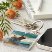 Australian Terrier Beach Surfing Painting Schlüsselanhänger (Vorderseite rechts)