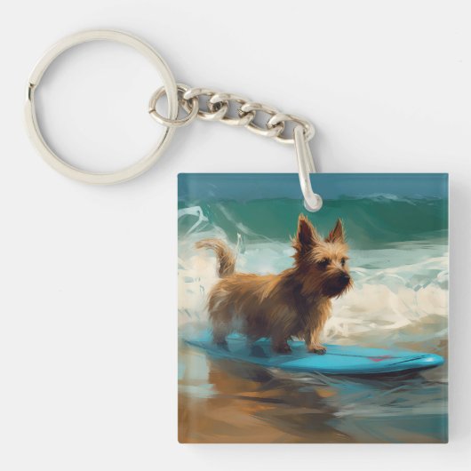 Australian Terrier Beach Surfing Painting Schlüsselanhänger (Vorderseite)