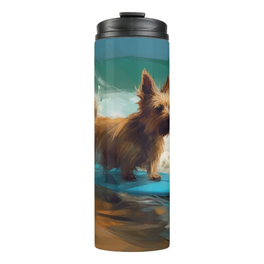 Australian Terrier Beach Surfing Painting Thermosbecher (Vorderseite)