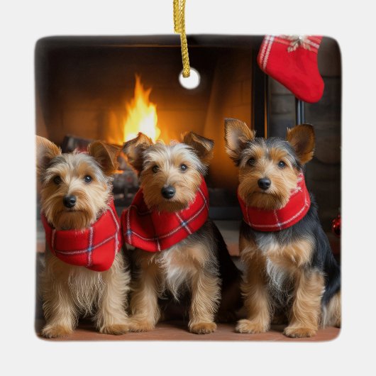 Australian Terrier by Fireplace Christmas Keramikornament (Vorderseite)