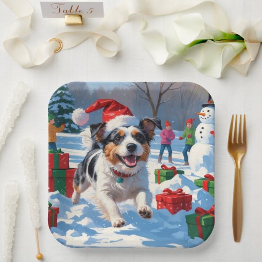 Australian Terrier Christmas Festive Snow Scene Pappteller (Hochzeit)