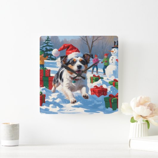 Australian Terrier Christmas Festive Snow Scene Quadratische Wanduhr (Zuhause)
