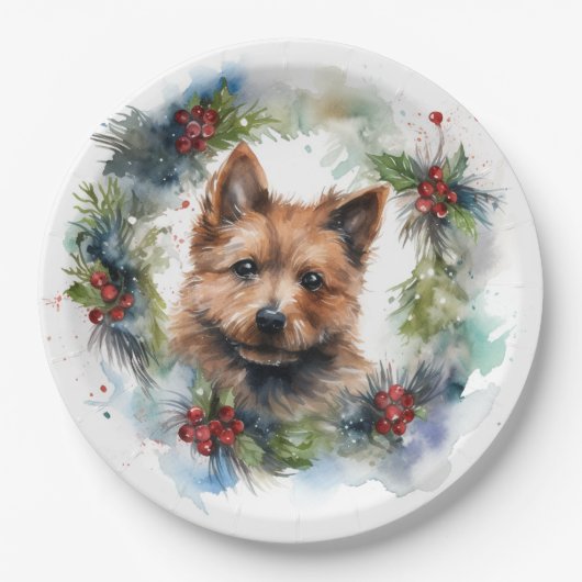 Australian Terrier Christmas Wreath Festive Pup Pappteller (Vorderseite)