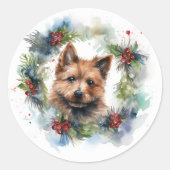 Australian Terrier Christmas Wreath Festive Pup Runder Aufkleber (Vorderseite)