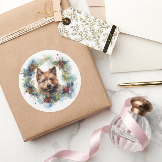 Australian Terrier Christmas Wreath Festive Pup Runder Aufkleber (Schenken)