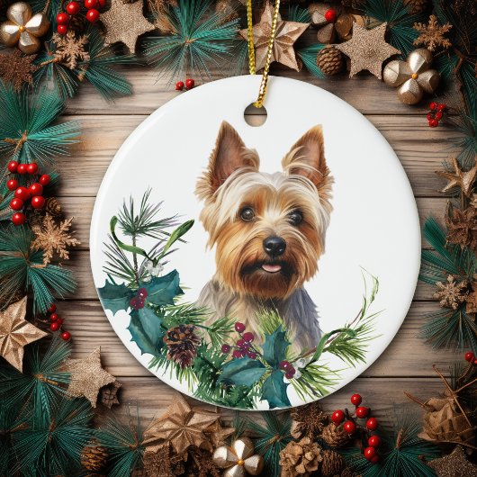 Australian Terrier Dog Portrait Holly Wreath Keramik Ornament