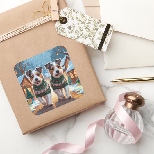 Australian Terrier Dogs Christmas Snow Holiday Quadratischer Aufkleber (Schenken)