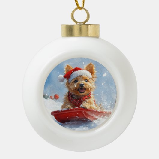Australian Terrier in Sledge Let it Snow Christmas Keramik Kugel-Ornament (Vorderseite)