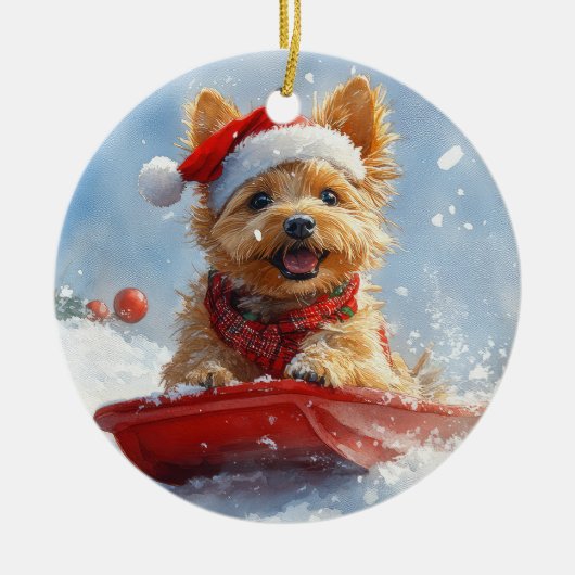 Australian Terrier in Sledge Let it Snow Christmas Keramik Ornament (Vorne)