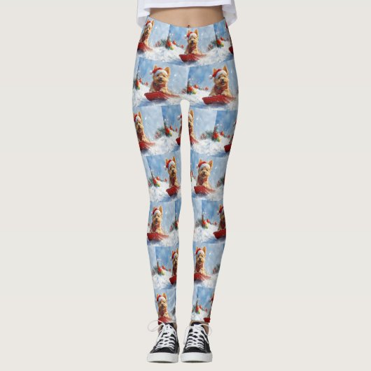Australian Terrier in Sledge Let it Snow Christmas Leggings (Vorderseite)