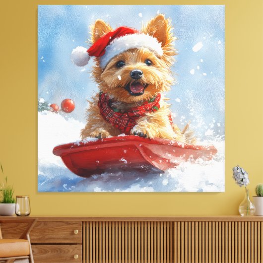 Australian Terrier in Sledge Let it Snow Christmas Leinwanddruck (Insitu (Wohnzimmer))