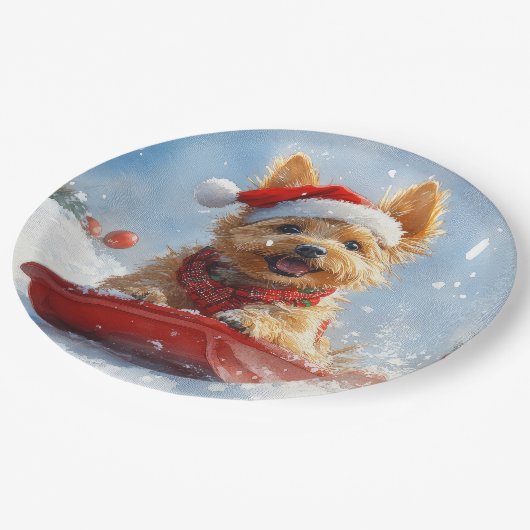 Australian Terrier in Sledge Let it Snow Christmas Pappteller (Schrägansicht)