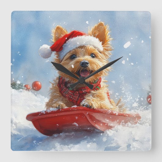 Australian Terrier in Sledge Let it Snow Christmas Quadratische Wanduhr (Vorderseite)