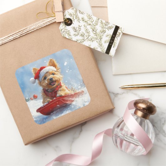 Australian Terrier in Sledge Let it Snow Christmas Quadratischer Aufkleber (Schenken)