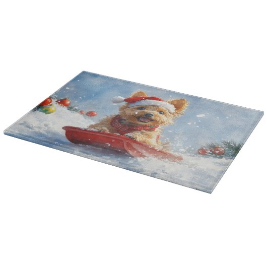 Australian Terrier in Sledge Let it Snow Christmas Schneidebrett (Ecke)