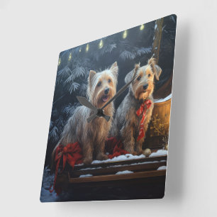 Australian Terrier Snowy Sleigh Weihnachtsdekor Quadratische Wanduhr