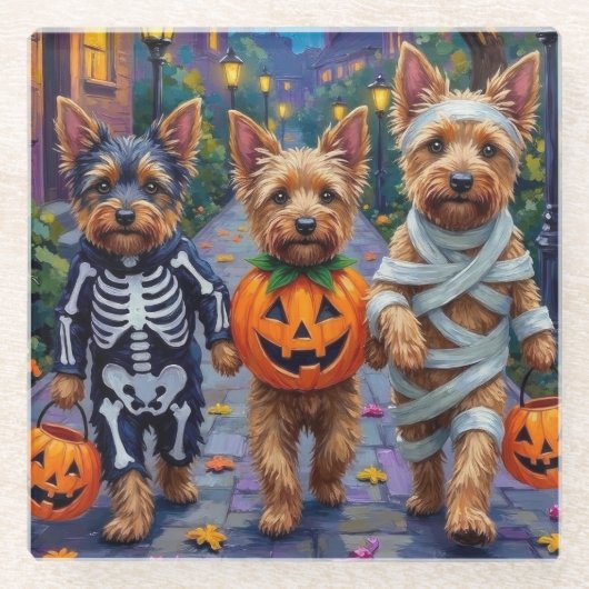 Australian Terrier Trick-or-Treating zu Halloween Glasuntersetzer (Vorderseite)