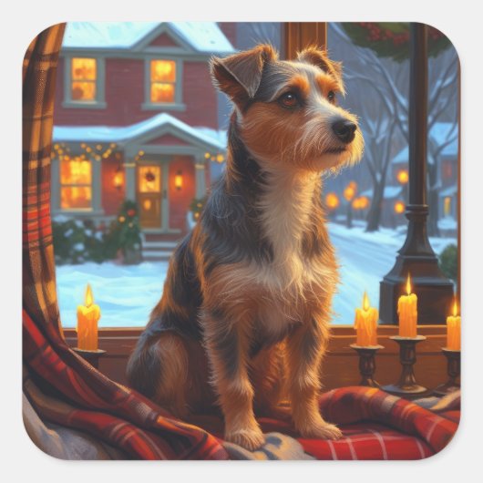 Australian Terrier With Christmas Lights Holiday Quadratischer Aufkleber (Vorderseite)