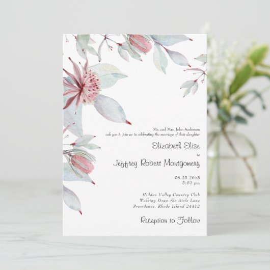 Australian Tropical Floral Dusty Blue Wedding Einladung (Stehend Vorderseite)