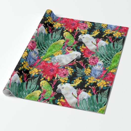 Australian Tropical Parrots Black Geschenkpapier (Ungerollt)