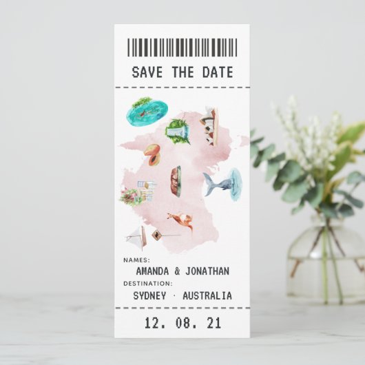 Australian Wedding Boarding Pass Save the Date (Stehend Vorderseite)