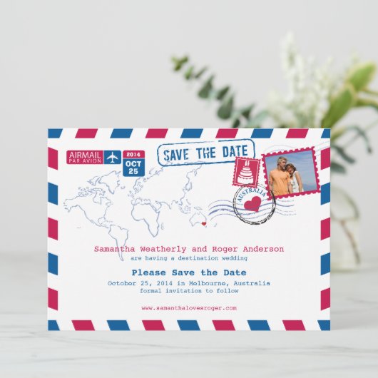 Australien Air Mail Wedding Save the Date (Stehend Vorderseite)