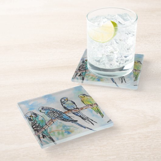 Australien Birds Budgie Watercolor Art Schlüsselri Glasuntersetzer (Schrägansicht)