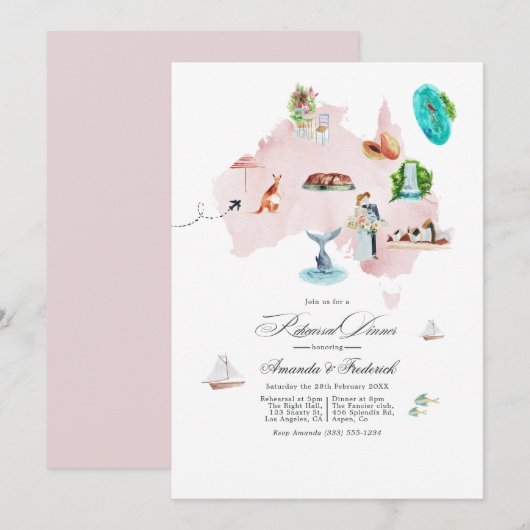 Australien Hochzeit in Urlaubsort Probe Dinner Einladung (Vorne/Hinten)
