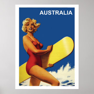 Australien, Surferin am Strand, Vintage Poster