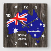 Australien Uhr, G-Day Mate, Holz, australische Fla Quadratische Wanduhr (Vorderseite)