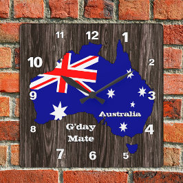 Australien Uhr, G-Day Mate, Holz, australische Fla Quadratische Wanduhr