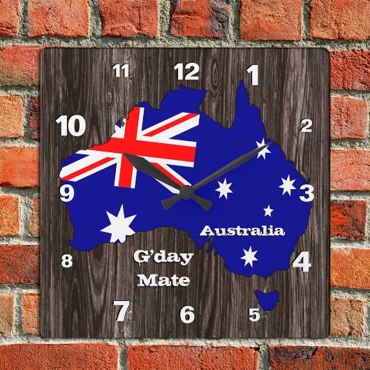 Australien Uhr, G-Day Mate, Holz, australische Fla Quadratische Wanduhr