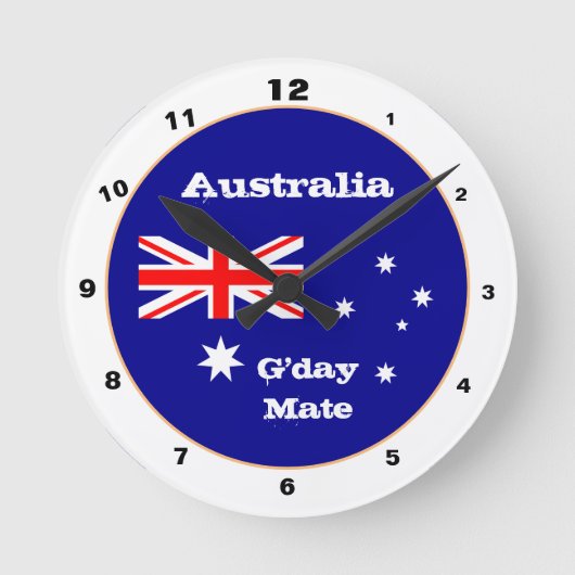 Australische Flagge & G'day Mate, Australien /Desi Runde Wanduhr (Vorderseite)