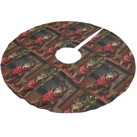 Australische Kelpie am Feuerplatz Weihnachten Polyester Weihnachtsbaumdecke (Schrägansicht)