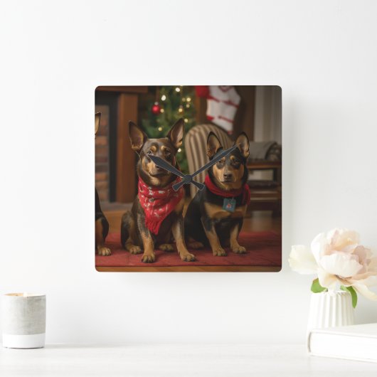 Australische Kelpie am Feuerplatz Weihnachten Quadratische Wanduhr (Zuhause)