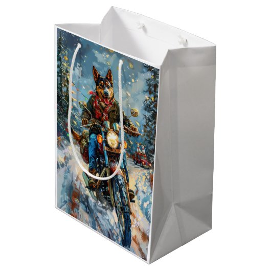 Australische Kelpie Dog Riding Motorrad Weihnachte Mittlere Geschenktüte (Rückseite Schrägansicht)