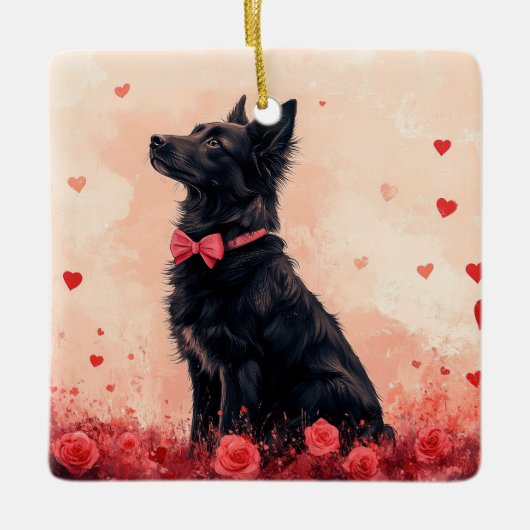 Australische Kelpie mit Rose - Valentinstag Keramikornament (Vorderseite)