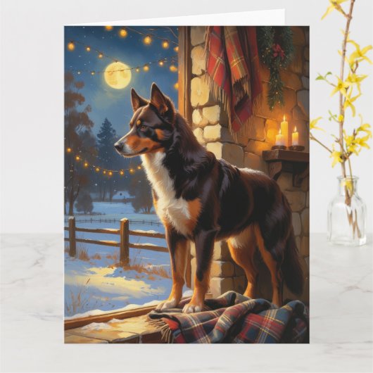 Australische Kelpie mit Weihnachtsbeleuchtung Urla Karte (Gelbe Blume)