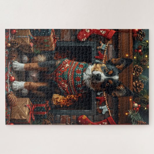 Australische Kelpie mit Weihnachtsgeschenken Feuer Puzzle (Horizontal)