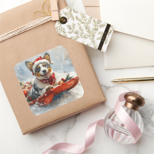 Australische Rinder in Sledge Let it Snow Weihnach Quadratischer Aufkleber (Schenken)