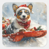Australische Rinder in Sledge Let it Snow Weihnach Quadratischer Aufkleber (Vorderseite)