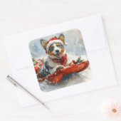 Australische Rinder in Sledge Let it Snow Weihnach Quadratischer Aufkleber (Umschlag)