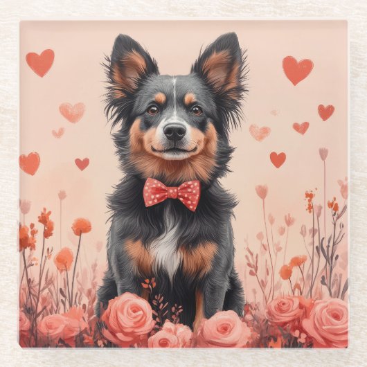 Australische Rinder mit Rose - Valentinstag Glasuntersetzer (Vorderseite)