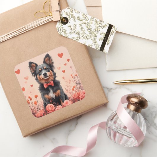 Australische Rinder mit Rose - Valentinstag Quadratischer Aufkleber (Schenken)