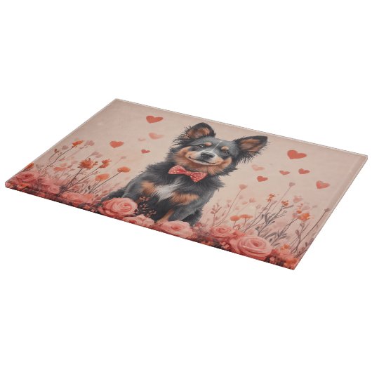 Australische Rinder mit Rose - Valentinstag Schneidebrett (Ecke)