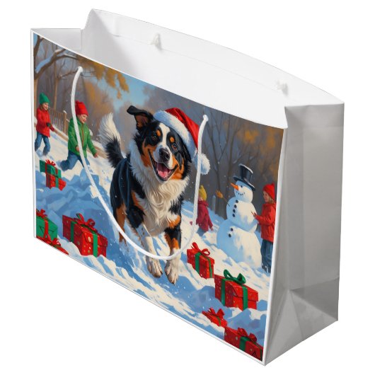 Australische Rinder Weihnachts-Schneeszene Große Geschenktüte (Rückseite Schrägansicht)