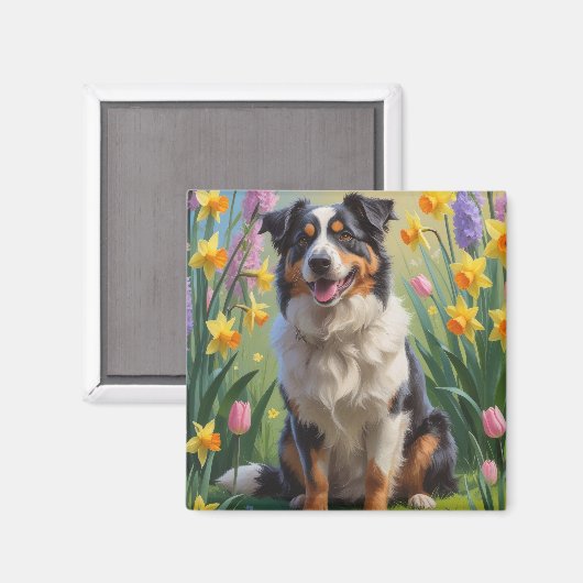 Australische Schäferhunde Dog Spring Blumen Malere Magnet (Vorderseite/Rückseite)