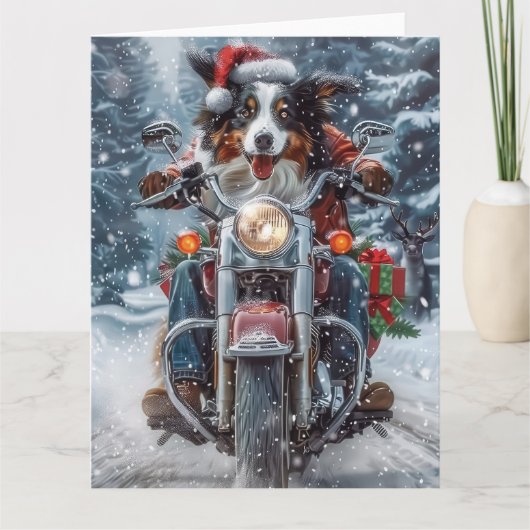Australische Shepherd Riding Motorrad Weihnachten Karte (Vorderseite)