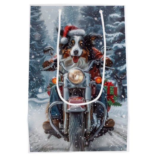 Australische Shepherd Riding Motorrad Weihnachten Mittlere Geschenktüte (Rückseite)