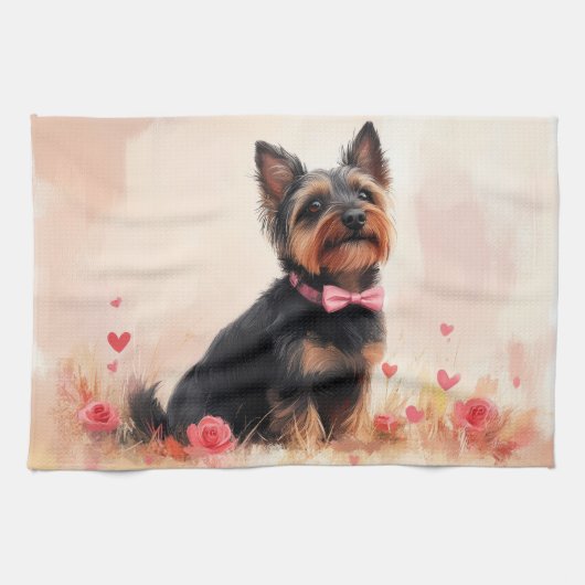 Australische Terrier mit Rose - Valentinstag Geschirrtuch (Horizontal)